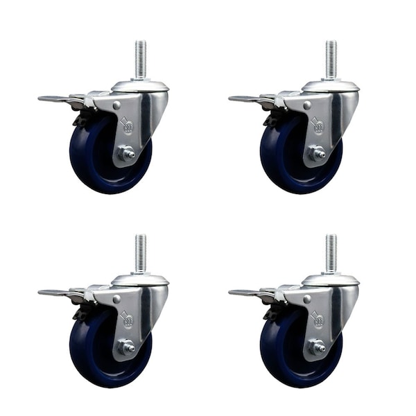 35 Inch Solid Polyurethane Swivel 34 Inch Threaded Stem Caster Set with Total Lock Brake